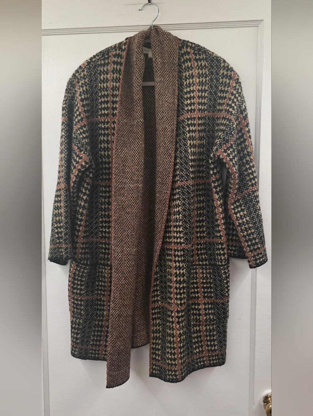 Lovestitch Plaid Long Open Front Cardigan Coatigan Brown Black S